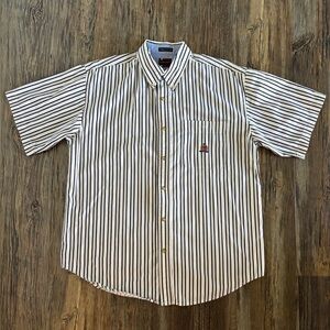 Bugle Boy Classics Mens Shirt Size Lg White Black Tan Striped S/S Button Up Logo